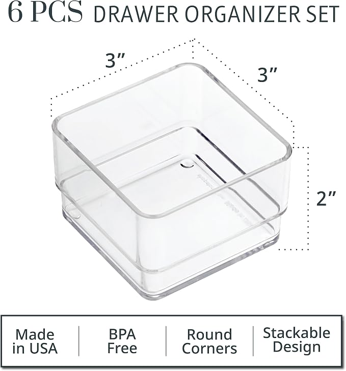 STORi SimpleSort 6-Piece Stackable Clear Drawer Organizer Set | 3" x 3" x 2" Square Trays | Small Makeup Vanity Storage Bins and Office Desk Drawer Dividers | Made in USA - Image 2