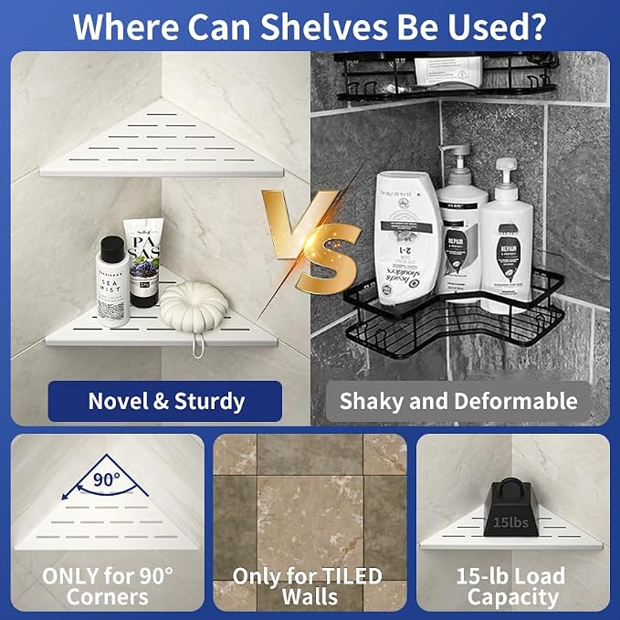 Corner Shower Shelf, 304 Stainless Steel with Slot Design for Bathroom Storage, Grout in Shelf for Tiled Wall (White, 10"-2 Pack) - Image 4