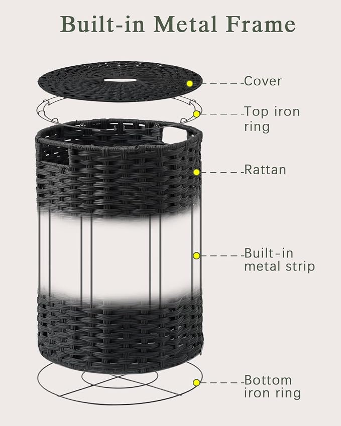 SETVSON Large Laundry Hamper Laundry Basket Round 34.3 Gal (130 L) Handwoven Wicker Laundry Baskets Rattan Laundry Basket with Laundry Bag Handles 2 Mesh Bags for Living Room Bedroom Black - Image 8