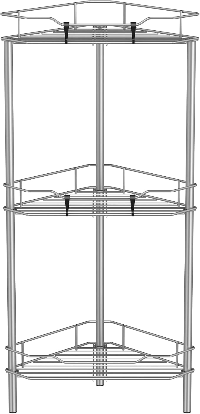 HuggieGems 3 Tier Floor Standing Corner Shower Caddy Organizer Shelf with Hooks, Bathroom Shelves Stand Rack, Gray by HuggieGems