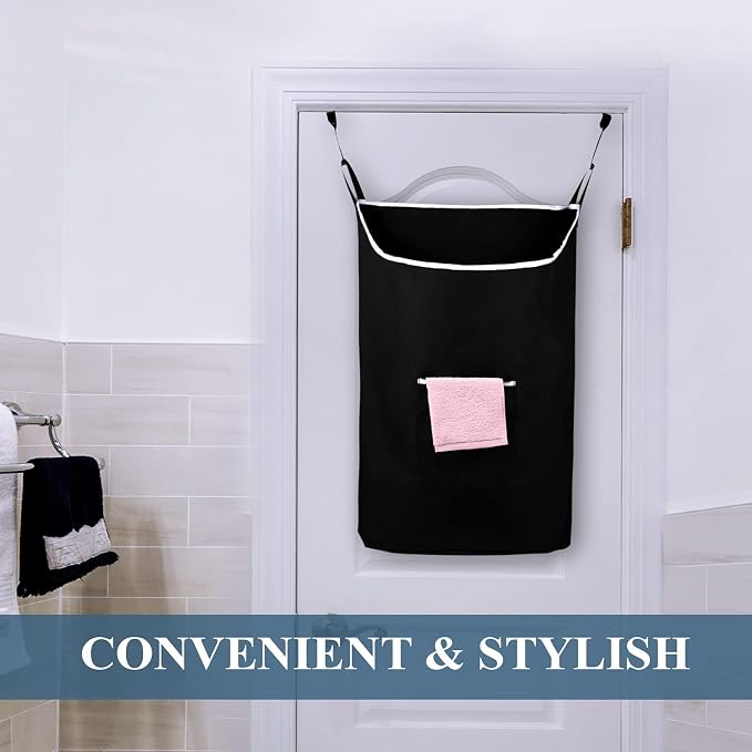 The Fine Living Co. X-Large Hanging Laundry Hamper with Over Door Hooks & Adhesive,Durable Space Saving Laundry Bag with Zipper and Wide Open Top,Hanging Dorm Laundry Hamper 20"x3.75"x31" (Black-XL) - Image 6