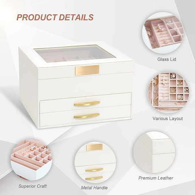 Jewelry Storage Box with Glasses Lid, 3-Tiers Jewelry Organizer Box for Women Girls, Jewelry Case for Rings, Bracelets Earrings, Necklaces (White) - Image 5