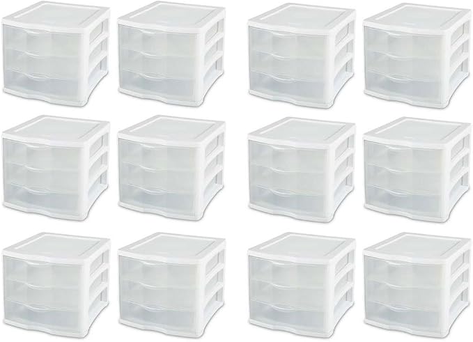 Sterilite ClearView Compact Stacking 3 Drawer Storage Organizer System for Crafting Supplies, Home Office, or Dorm Room, (12 Pack) by Sterilite