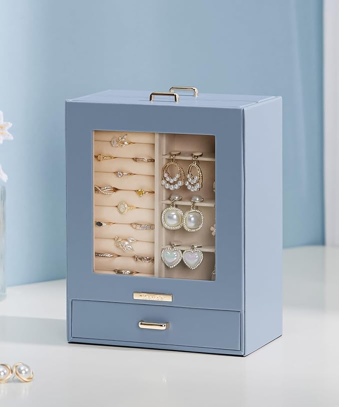 Homde Jewelry Organizer Girls Women Jewelry Box for Necklaces Rings Earrings Gift Bracelets Storage Case (Grey Blue + Gold) - Image 9