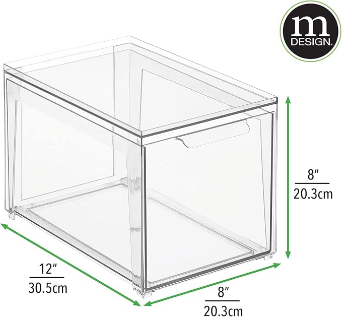 mDesign Plastic Stackable Closet Storage Organizer Bins with Pull Out Drawer for Cabinet, Desk, Shelf, Cupboard, or Dresser Organization - Lumiere Collection - 2 Pack - Clear - Image 4