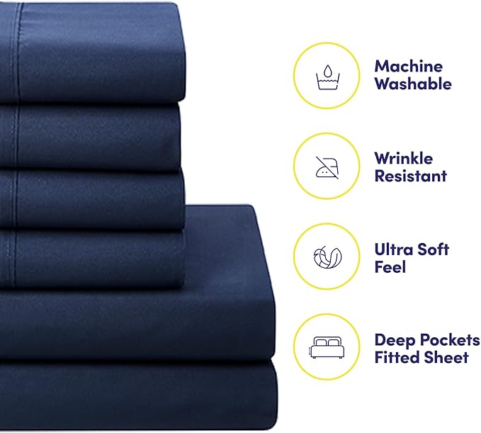 Sweet Home Collection 5 Piece Comforter Set Bag Solid Color All Season Soft Down Alternative Blanket & Luxurious Microfiber Bed Sheets, Navy, Twin (Pack of 4)