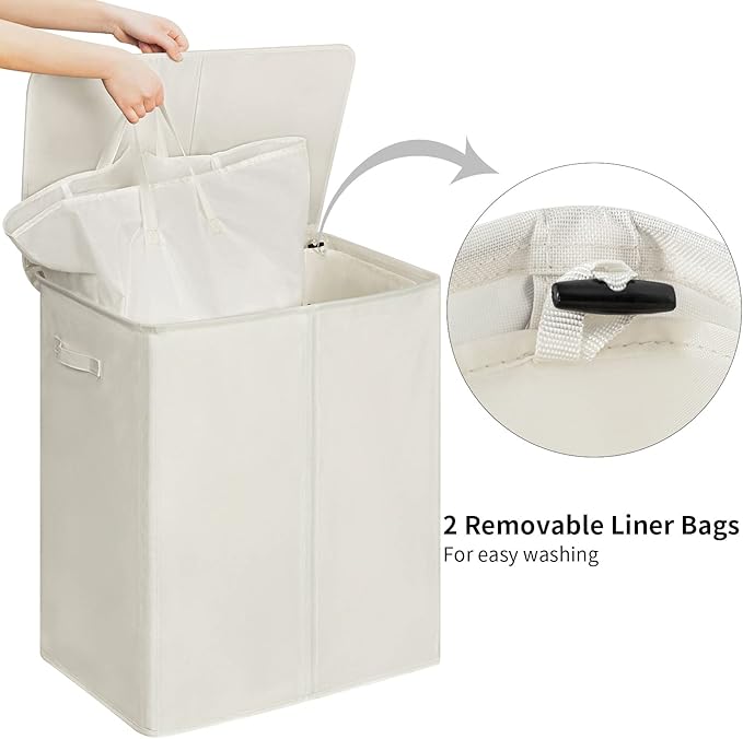WOWLIVE 154L Double Laundry Hamper with Lid and Removable Laundry Bags, Large Dirty Clothes Hamper 2 section Collapsible Laundry Basket Dorm Room Storage for Bedroom, Bathroom, College,Beige - Image 4