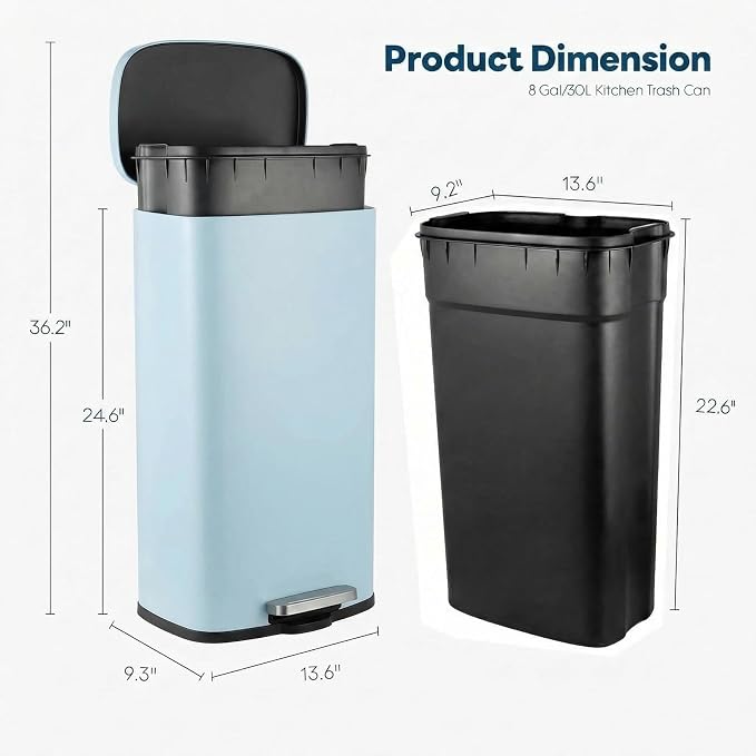 8 Gal Kitchen Trash Can, 30L Recycling or Garbage Bin, Brushed Stainless Steel Waste Basket, Soft&Quiet Close Dustbin, with Step-On Pedal, Removable Inner Bucket, for Home, Office, Living Room - Image 2