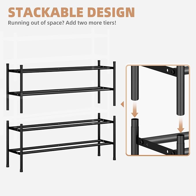 STORAGE MANIAC Long Expandable Shoe Rack, 12 Pairs Metal Wide Stackable Shoe Rack, Adjustable Shoes Shelf, Freestanding Shoes Organizer for Closet, Entryway, Hallway, Garage, Front Door, 2 Tiers - Image 3