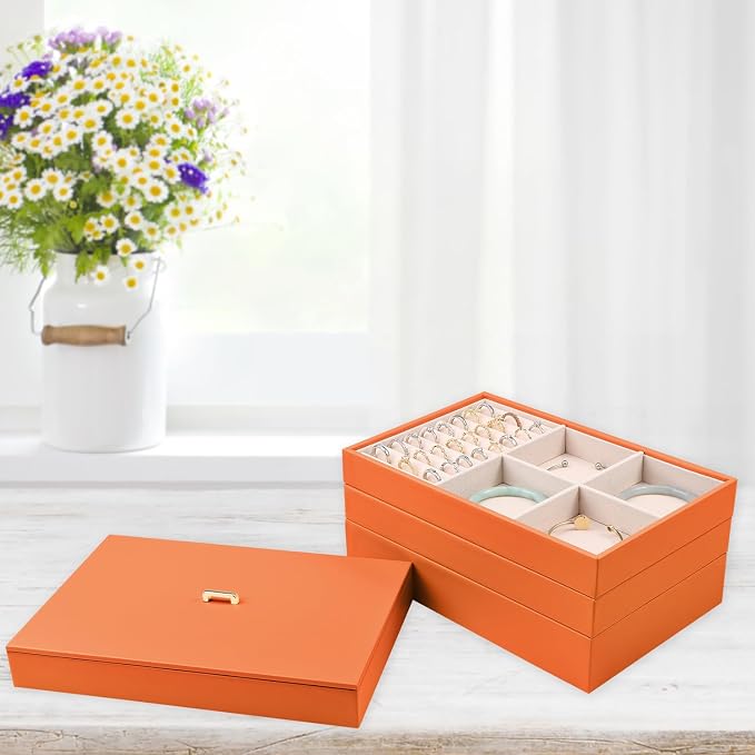 Voova Stackable Jewelry Organizer Tray with Lid, PU Leather Jewelry Storage Holder for Drawer Inserts, Jewellery Display Box Case for Earring Necklace Ring Watch Bracelet (Set of 4, Orange) - Image 4