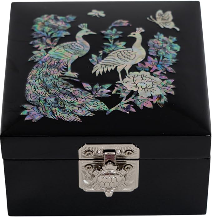 February Mountain Mother of Pearl Mini Jewelry Box - Organizer for Earring Necklace Ring & Bracelet Jewelry Display Storage Case for Woman Unique Gifts (Peacock-Black) - Image 8