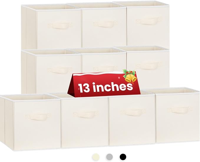 Criusia Large Storage Cubes, 13 Inch Cube Storage Bins for Shelves Closet Nursery Bedroom - 10 Pack Collapsible Storage Baskets with Handles - Fabric Bins for Organizing Clothes Blanket Toys (Beige) by Criusia