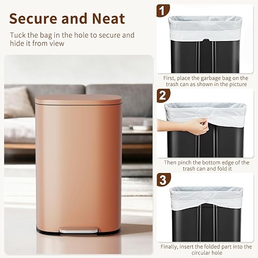 PayLessHere Trash Can Kitchen Stainless Steel Trash Can Trash Can with Lid Removable Inner Bucket Foot Pedal Soft Close for Office Home Kitchen Garbage Can Trash Bin (Pink, 13 G) - Image 6