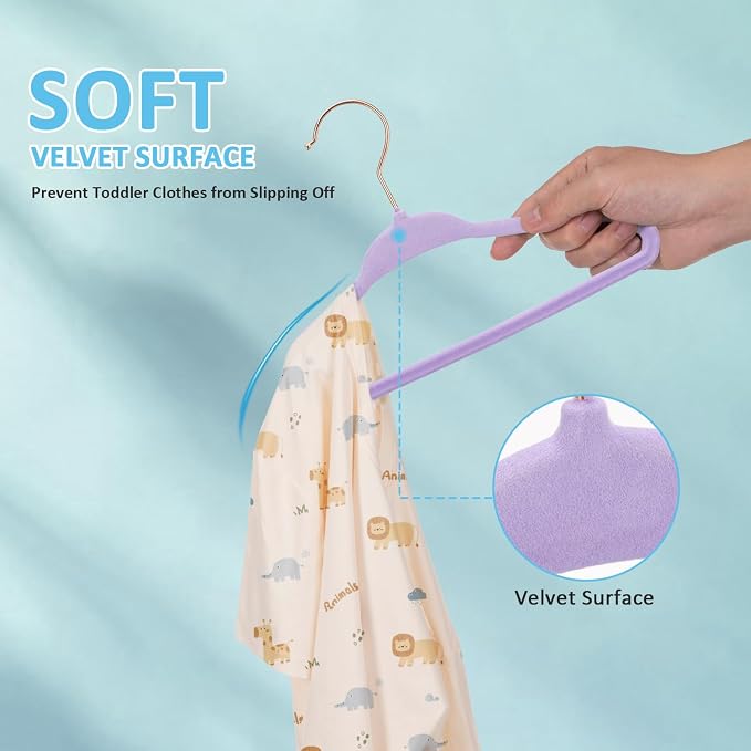 Tonswachic 50 Premium Baby Velvet Hangers - 11" Non-Slip, Ultra-Slim Space-Saving Kid Hangers - 360° Swivel Hook, Strong & Durable Infant & Toddler Clothes Hanger for Closet - Purple - Image 6