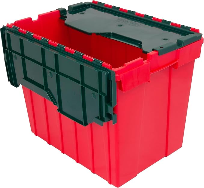 Akro-Mils KeepBox 18 Gallon Storage Container, Nesting and Stackable Plastic Storage Box with Lid Attached, Organizer Tote for Garages, Closets, and Moving, 21" x 15" x 17", Red/Green by Akro-Mils