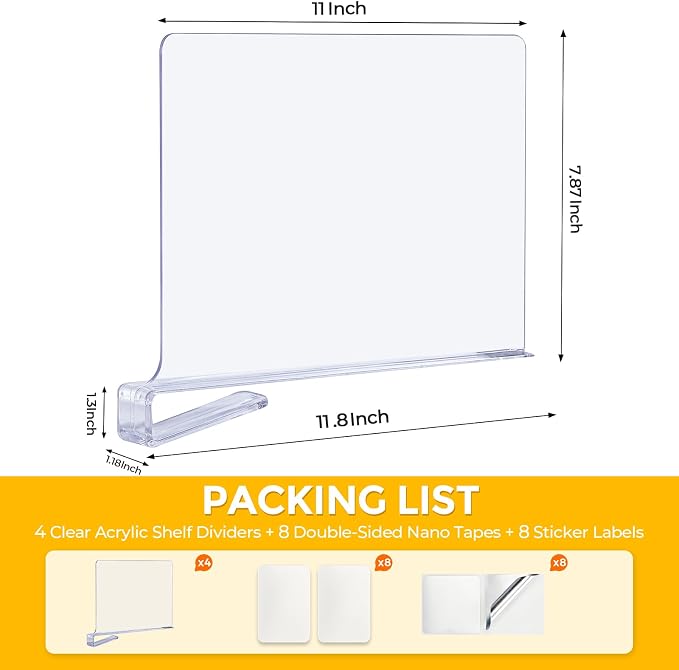 JOY DECOR 6 Pack Acrylic Clear Shelf Dividers for Closets Organizer and Storage Adjustable Vertical Wood Shelf Closet Separators for Clothes,Book,Bags in Bedroom and Kitchen - Image 2