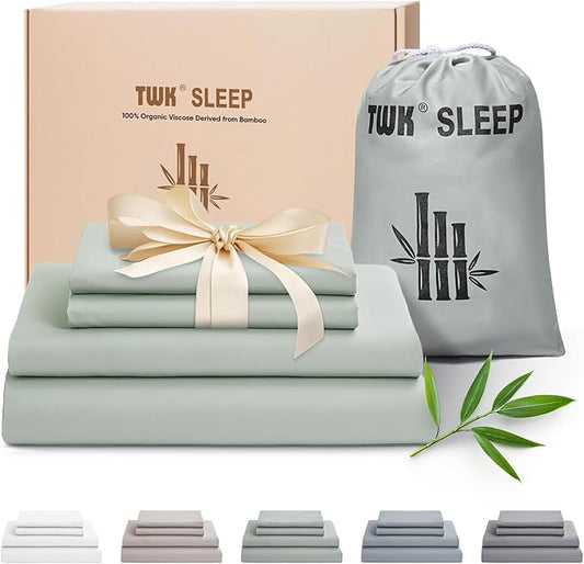 TWK Luxury Sheet Set, Genuine 100% Organic Viscose Derived from Bamboo, Cooling & Breathable, Silky Soft, Bedding Sheets & Pillowcases (Sea Glass, King)
