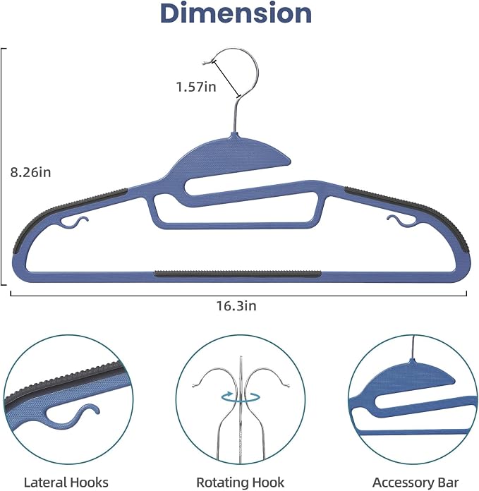 Heavy Duty Plastic Hangers 50 Pack with Non-Slip Design,0.2 Inches Thick,360°Swivel Hook Space Saving Organizer for Bedroom Closet,Shirts,Pants,Strong Enough for Coat(Nacy- S Shaped) - Image 2