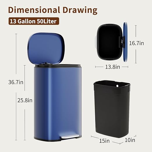 PayLessHere Stainless Steel Trash Can with Lid - Removable Inner Bucket, Foot Pedal Soft Close for Office, Home, Kitchen Garbage Bin (Deep Blue, 13 G) - Image 7
