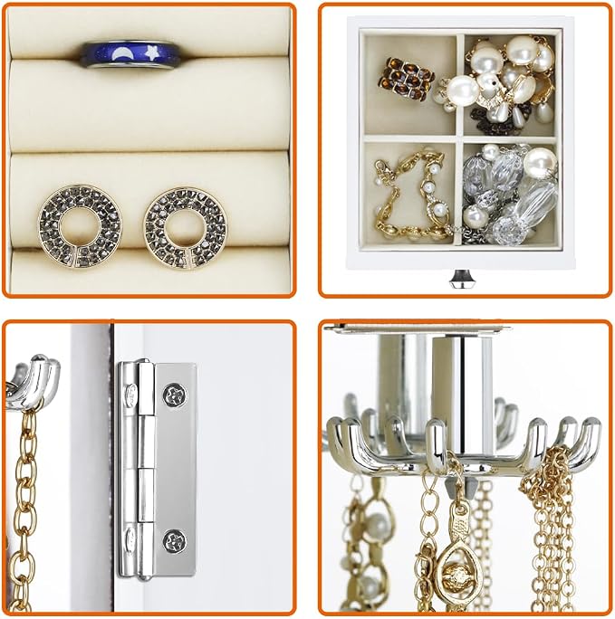 RR ROUND RICH DESIGN Jewelry Box - Made of Solid Wood with Cabinet Type 5 Drawers Organizer and 2 Separated Open Doors on 2 Sides and Large Mirror White - Image 4