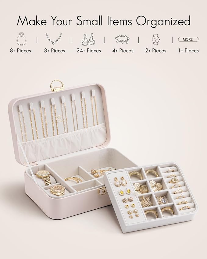 VLANDO 2 Layer Jewelry Box,Jewelry Organizer Storage Lockable Earring Organizer Removable Jewelry Tray with Watch Pillow for Neckable Ring Bracelets-Apricot Pink - Image 5