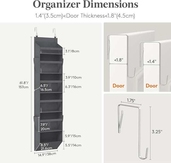 Lifewit 1 Pack Over the Door Organizer, 6 Section Clear Window Hanging Storage with 4 Side Pockets, Sturdy Anti Tilt 40 lbs Load Behind Door for Closet, Bedroom, Bathroom, Nursery, Dorm, Gray - Image 2