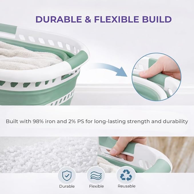 Laundry 360 Collapsible Laundry Basket | Portable | Space Saver Storage | Hold 2 Loads | Store Under the Bed or Closet | Good for Kids | Dorm | Bedroom | Large | White/Sage - Image 5