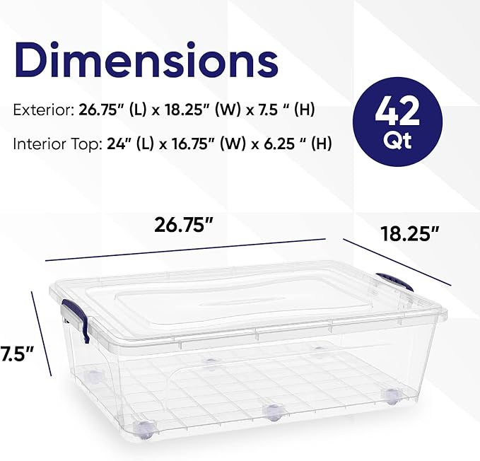 Superio Storage Bins with Lids- Clear Boxes for Organizing, Stackable Plastic Containers- BPA Free, Non-Toxic, Odor Free, Organizer for Home, Office, Dorm (6 Pack, 42 Qt (Under Bed-Wheeled))