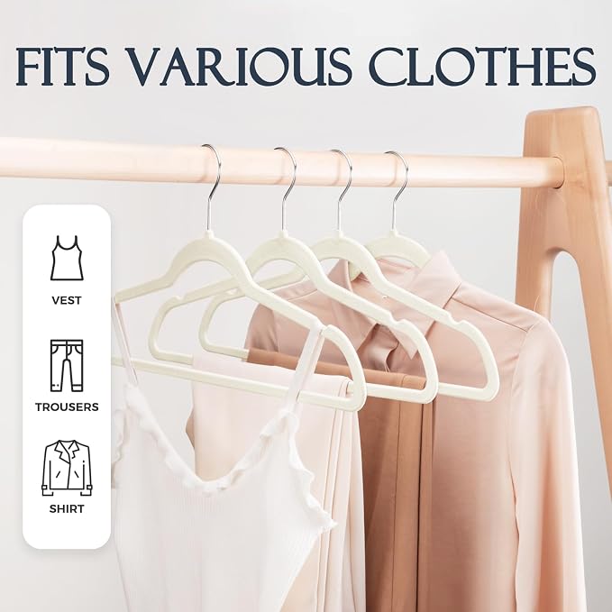 HOUSE DAY Ivory Velvet Hangers 40 Pack, Non Slip Clothes Felt Hanger Heavy Duty for Coat, Premium Slim Space Saving Suit Hangers for Closet Organizer, 360° Rotating Silver Hook - Image 3