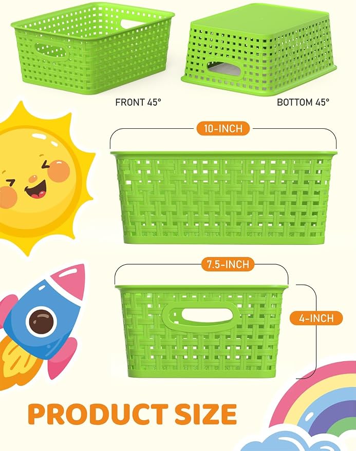 WYT 6-Pack Plastic Small Shelf Storage Weave Baskets Organizing for Cabinets and Pantries, Green - Image 2