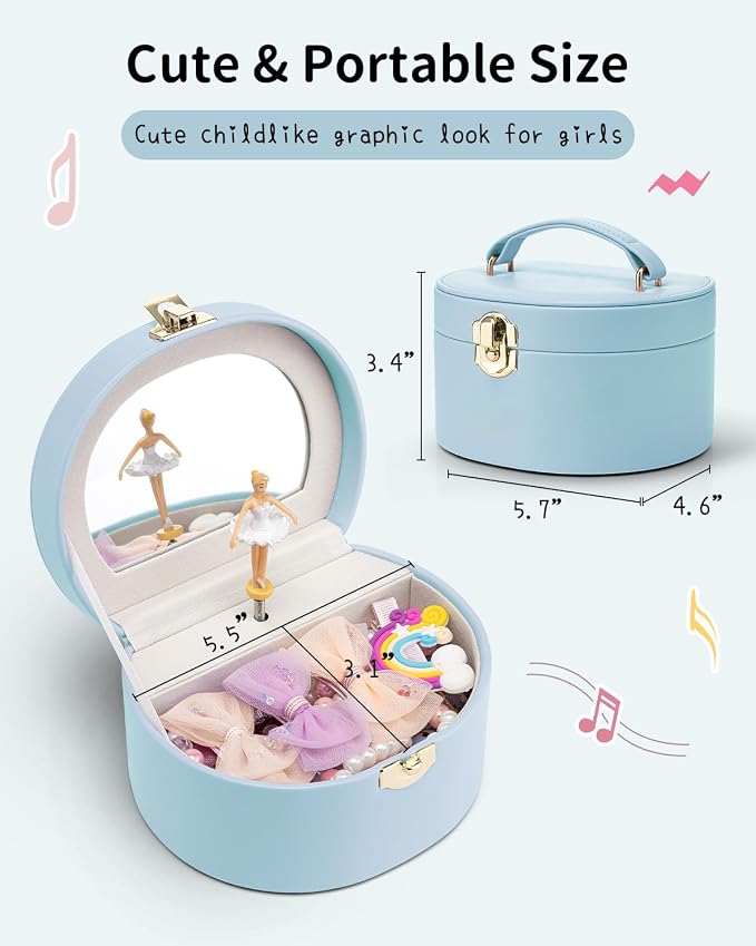 VLANDO Bithday Gift for Girl - Musical Jewelry Box for Girls, Small Kid Music Box with Ballerina for Party Bedroom Decor, Gifts for Girls Kids - Blue - Image 3