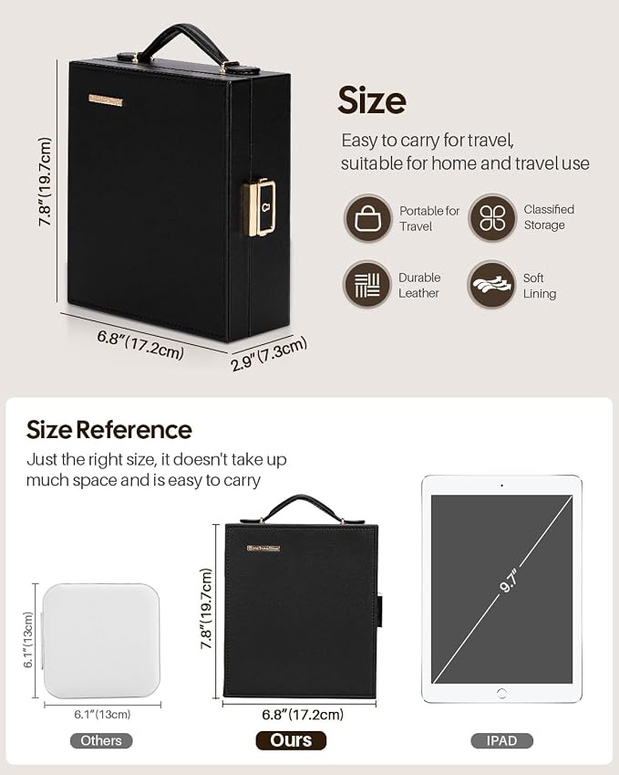 Enthralite Large Travel Jewelry Case: Portable Jewelry Box with Mirror - PU Leather Small Jewelry Organizer for Rings Earrings Necklaces Bracelets - Birthday Gift for Her - Jewelry Storage - Image 6