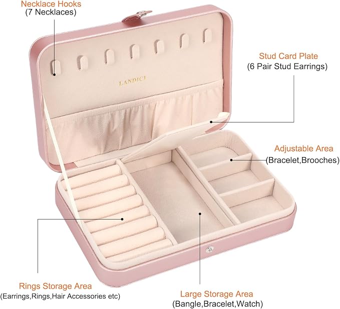 LANDICI Small Jewelry Box for Women Girls, PU Leather Travel Jewelry Case, Portable Jewelry Organizer Storage Holder Display for Ring Earrings Necklace Bracelet Women Kids Gift, Rose Gold - Image 5