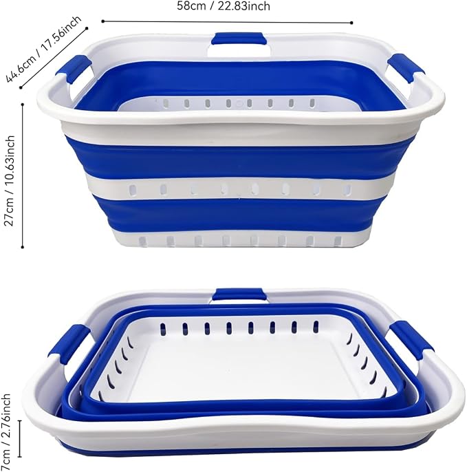 SAMMART 42L (11 gallon) Collapsible Plastic Laundry Basket - Foldable Pop Up Storage Container/Organizer - Space Saving Hamper/Basket (1, White/Dark Blue) - Image 2