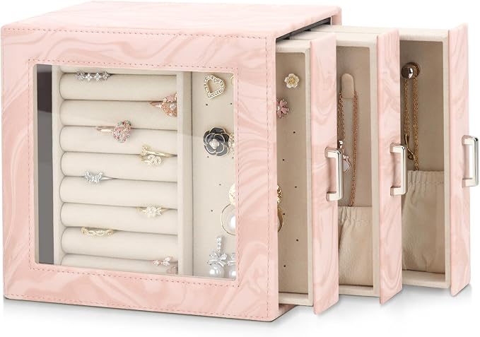 DesignSter Jewelry Box Organizer, Jewelry Box for Women, PU Jewelry Organizer Display Case with Side Drawers, Jewelry Storage for Earring Necklace Ring Bracelet Watch by DesignSter