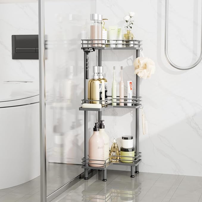Consumest Corner Shower Caddy Standing - 3-Tier Stainless Steel Shower Organizer with Soap Holder and 4 Hooks, Large Capacity Corner Shelf Stand for Bathroom, Rest Room, Grey - Image 6