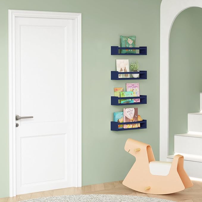 Forbena Navy Blue Floating Book Shelves for Nursery Boy, Decorative Wall Bookshelf for Kids Room, Small Wood Floating Shelves Wall Mounted for Boys Bedroom Bathroom (Set of 4, Blue) - Image 4