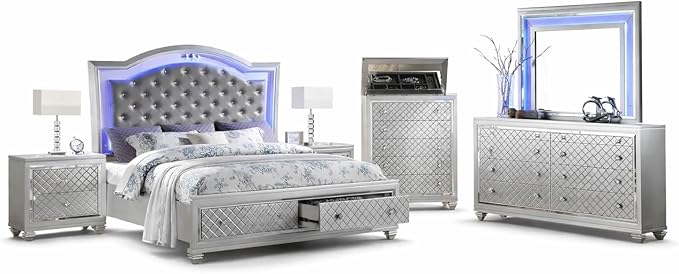 First of a Kind Shiney Contemporary 5 Piece King Bedroom Set High Gloss Silver Finish with Upholstered Headboard, Sleek Modern Bedroom Furniture Set for Coordinated Interiors