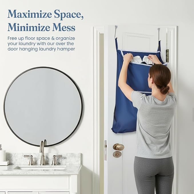 Fine Living Co. Large Hanging Laundry Hamper with Over Door Hooks & Adhesive, Durable Space Saving Laundry Bag with Zipper and Wide Open Top, Hanging Dorm Laundry Hamper (Navy Blue-XL) - Image 3