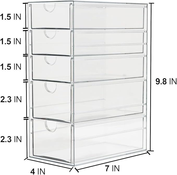 Plastic Drawer Storage with 5 Different Sizes Drawers, Clear Light Gray Hair Accessories Organizer, Transparent Dresser Bathroom Organizer - Image 3