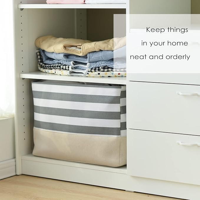 TheWarmHome Jumbo Storage Bins Baskets, Sturdy Fabric Organizing Basket W/Handles, Decorative Foldable Storage Baskets for Shelves Closet Nursery Toy (Grey&White Stripes 3 Pack, 20.5Lx15.7Wx13.8H in) - Image 7