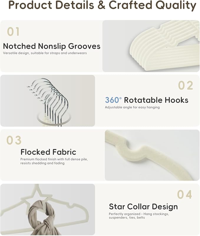 GoodtoU 50 Pack Velvet Baby Hangers, 12.8 Inch Non-Slip Toddler Clothes Hangers, for Infant Coats, Dresses & Pants, White - Star - Image 3