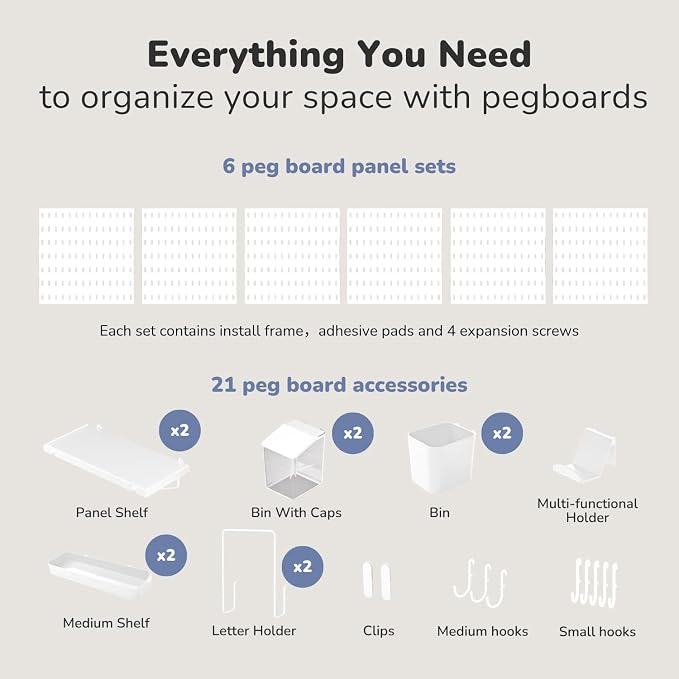 Keepo Peg Board Wall Organizer – Plastic Pegboard Panels, Modular Peg Board Storage System for Home Office, Craft Room, Gaming Setup (White, 33″×22″) - Image 3