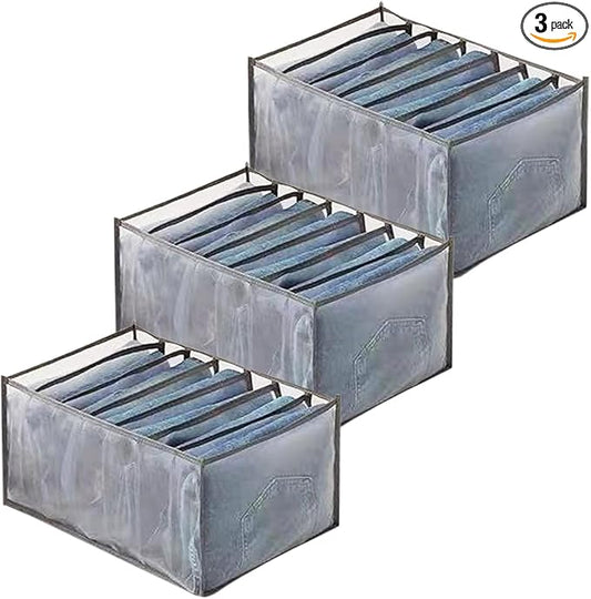 Wardrobe Clothes Organizer, 7 Grids Washable Portable Closet Organizer Mesh Separation Storage Box Foldable Closet Drawer Organizer for Underwear, Socks, Scarves, Jeans (Grey, 3 Jeans Grid) by SANTUKEY