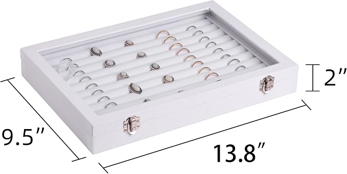 Frebeauty Rings/Earrings Organizer Tray with Clear Lid 10 Slots Velvet Drawer Insert Jewelry Storage box Transparent Glass lid Jewelry Display Case Showcase Gift for Girls Women (White, 10 Slots) - Image 2