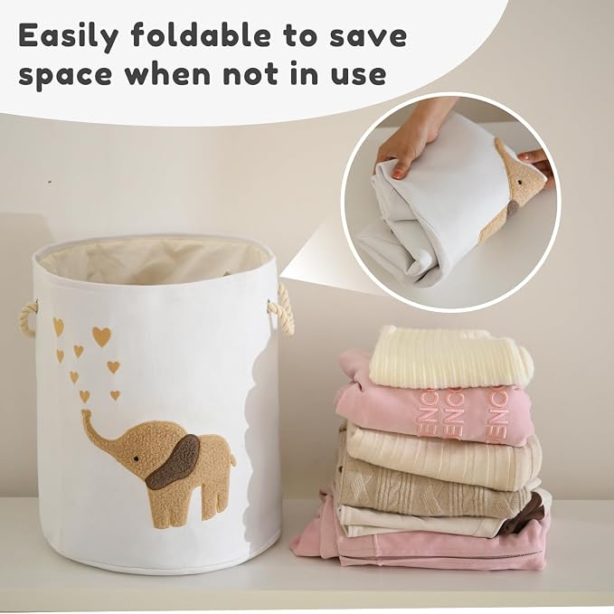 INough Baby Laundry Basket Laundry Hamper, Canvas 58L XL Baby Clothes Basket, Collapsible Brown Laundry Basket for Nursery Toy Baskets with Drawstring Closure, KidsRoom Decor for Boys - Image 6