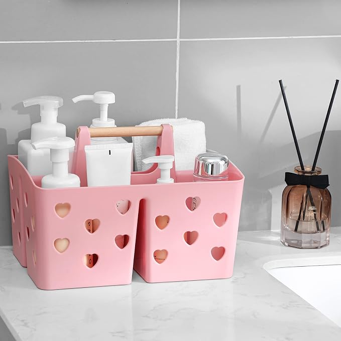 Anyoifax Portable Shower Caddy Plastic Shower Basket Organizer Divided Bathroom Caddy Storage Cleanning Caddy Tote with Handle for College, Dorm Room, Kitchen, Pink - Image 2