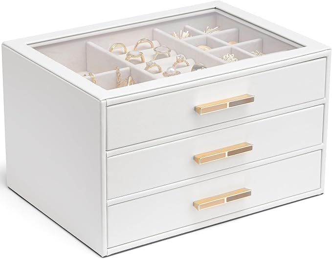 Vlando Jewelry Box for Women, Glass Lid Jewelry Organizer with 3 Drawers for Necklaces Rings Earrings Bracelets Christmas Gift - White by VLANDO