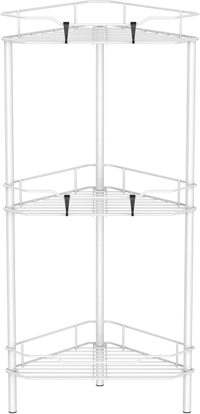 HuggieGems 3 Tier Floor Standing Corner Shower Caddy Organizer Shelf with Hooks, Bathroom Shelves Stand Rack, White by HuggieGems
