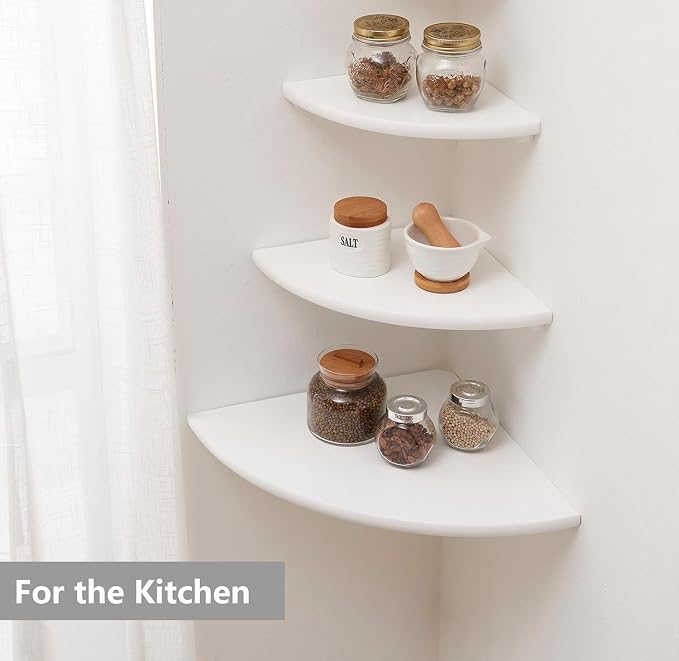 Corner Shelf, Solid Oak Wood Floating Corner Shelf Wall Mount Round End Floating Speaker with Wire Hole for Small Plant Photo for Bedroom Kitchen, Living Room White - Image 7